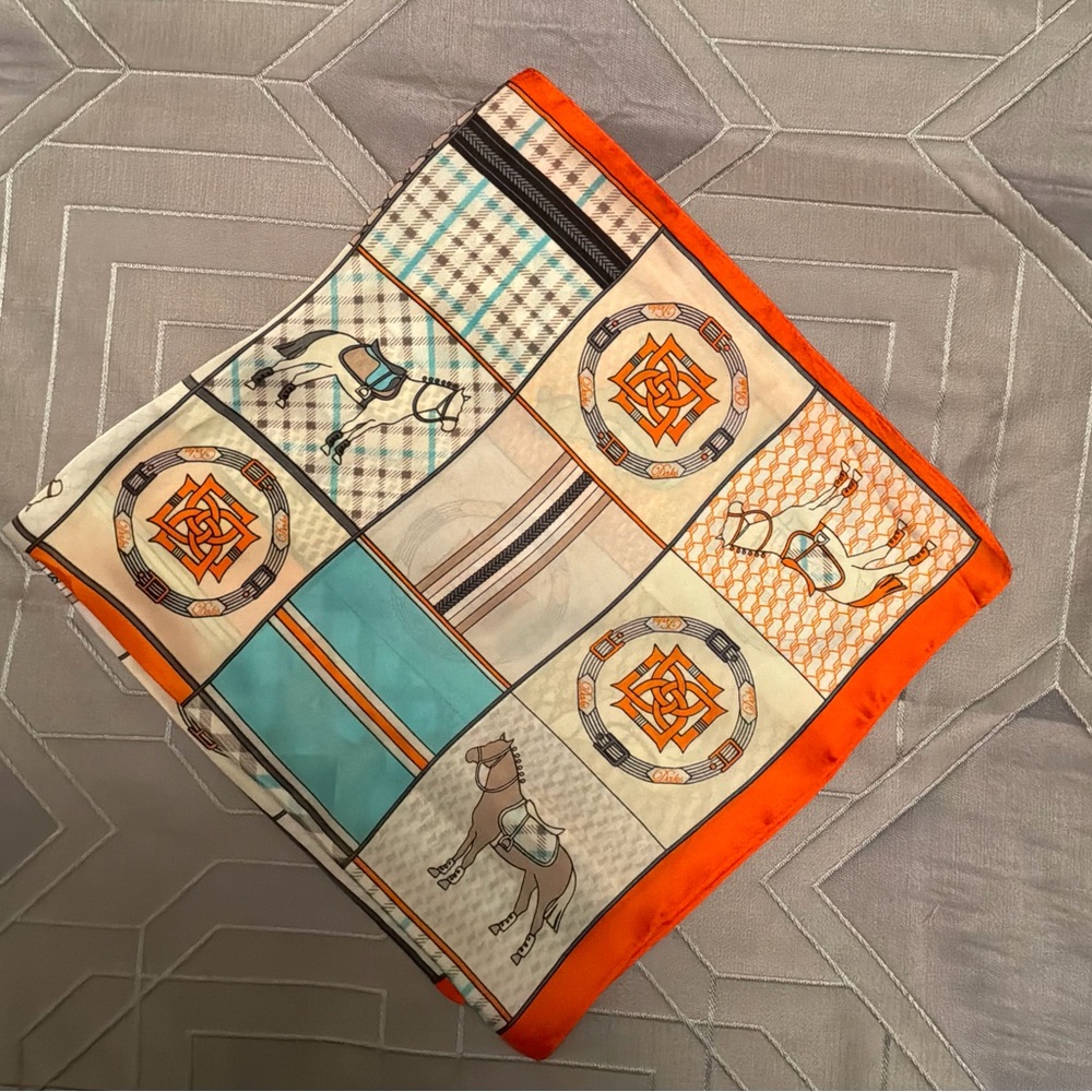 Silk-Feel Orange & Teal Equestrian Print Scarf